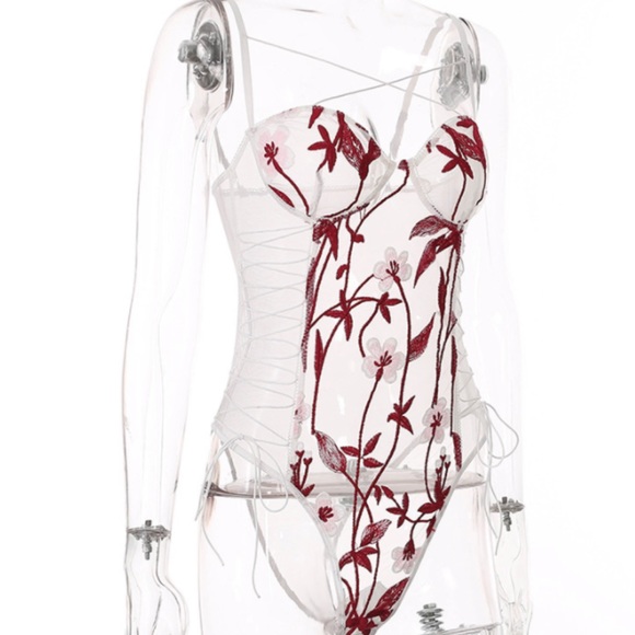 Valley Lace Tie Embroidered Bodysuit In Wine - Picture 5 of 6